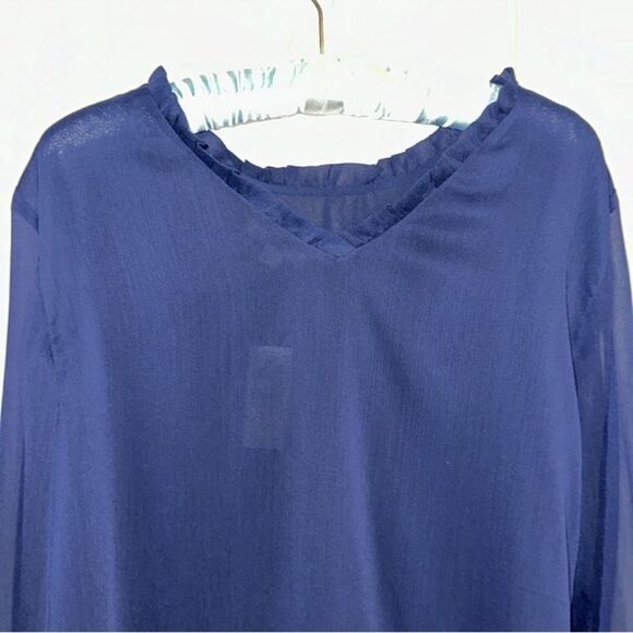 LOFT M Navy Chiffon Ruffle Neck Back V-Neck Sheer Sleeve Peplum Blouse - Picture 5 of 14